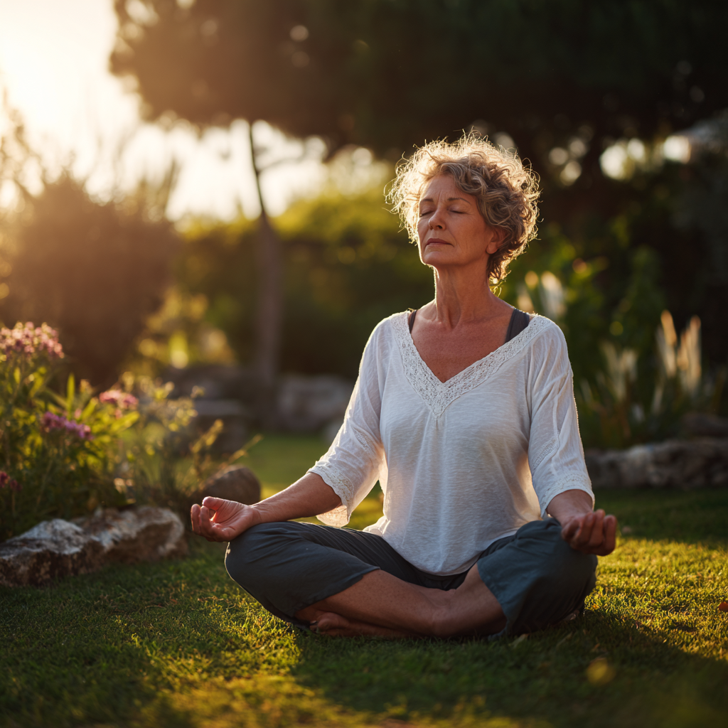 mature woman practicing yoga in peaceful garden setting with natural lighting