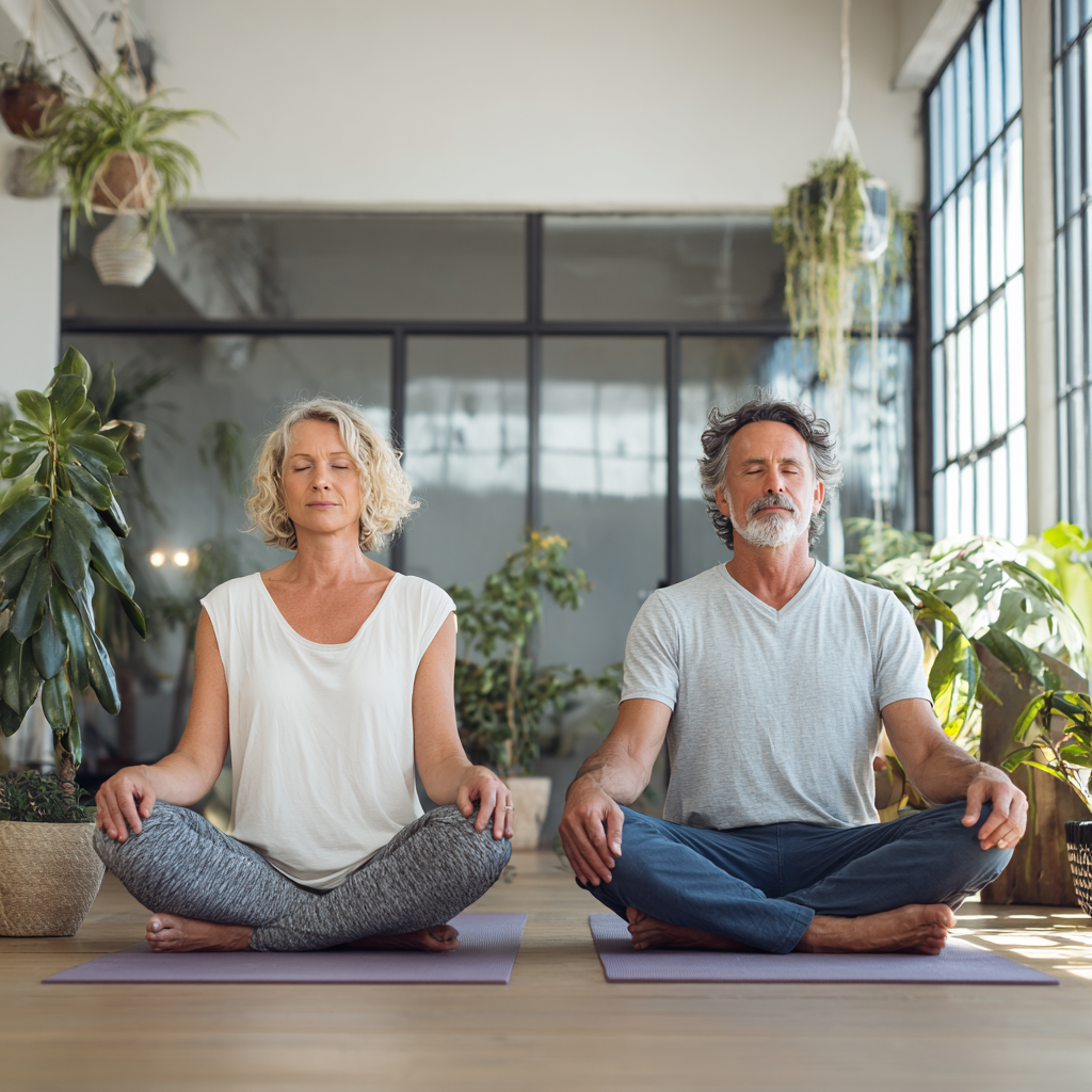 middle-aged couple enjoying gentle yoga session in bright studio with plants